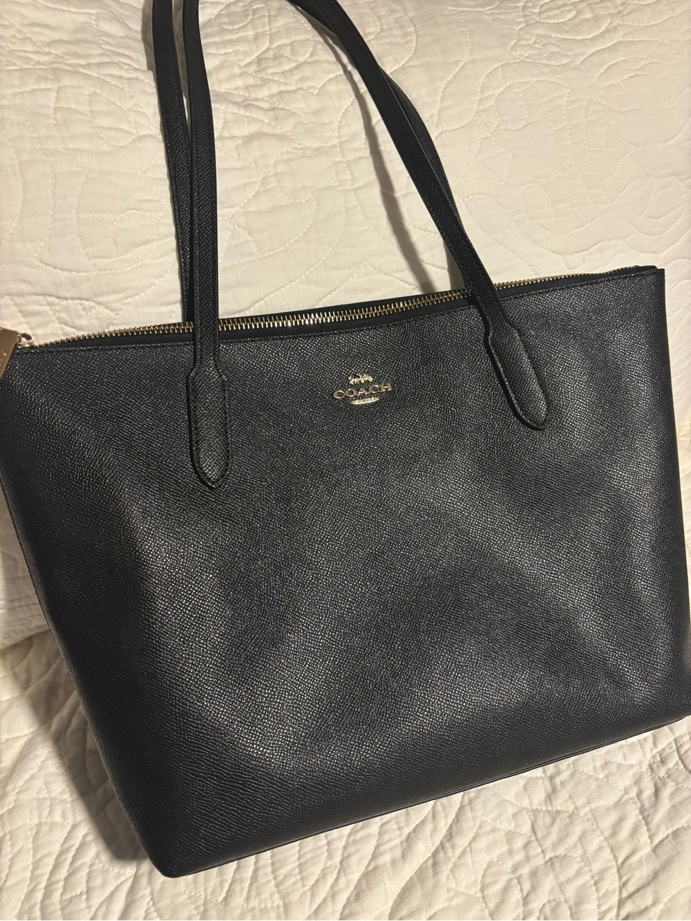Coach Black Leather Zip-Top Tote with Gold Logo